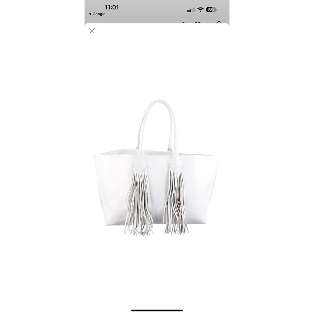 Sara Battaglia White Leather Fringe Tote Bag Designer Handbag‎ Purse